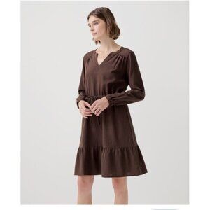 Pact Womens Organic Cotton Brown Tiered Midi Dress Tie Waist Pockets Medium